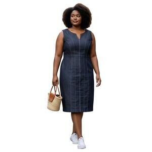 New York Company Dark Wash Denim Sheath Dress V-Neck Sleeveless Size 16 Stretch